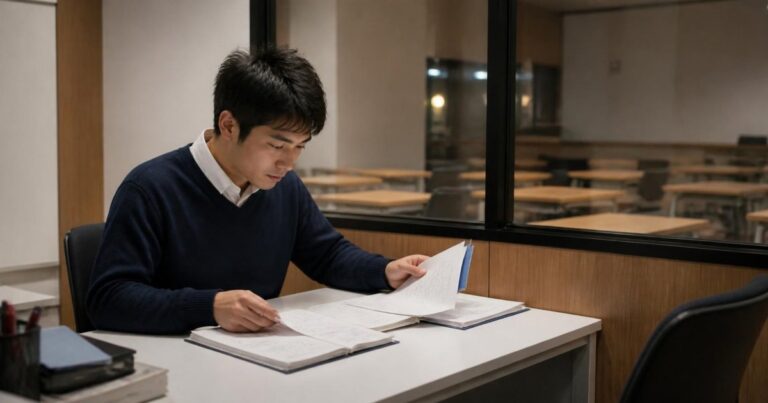 保護者面談の前に、生徒のノートを見返す塾の教室長のイメージ写真