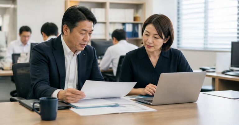 中小企業の社長と総務・人事の担当者が、資料を見ながら健康づくりの進め方を話し合うイメージ写真